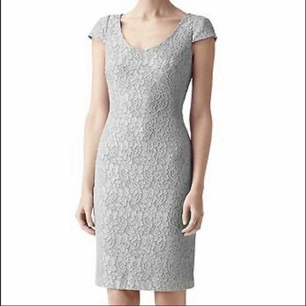 Reiss Marjorie Structured Grey Sheath Lace Dress
